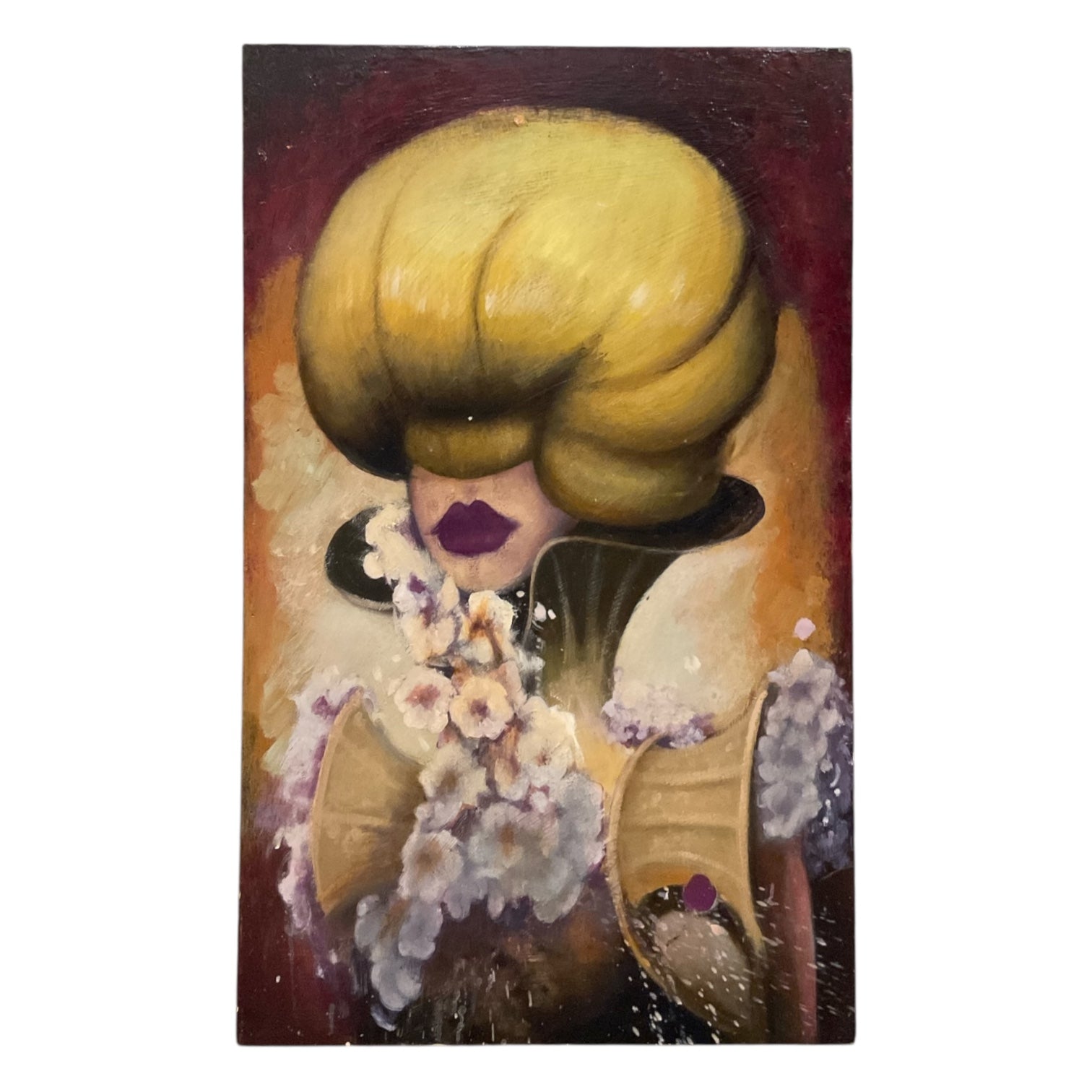 Fantastical Painting of Woman with Bouffant Hairstyle and Floral Garb