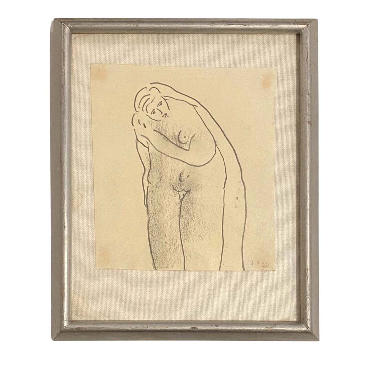 Vintage Graphite Figurative Rendering in Original Frame
