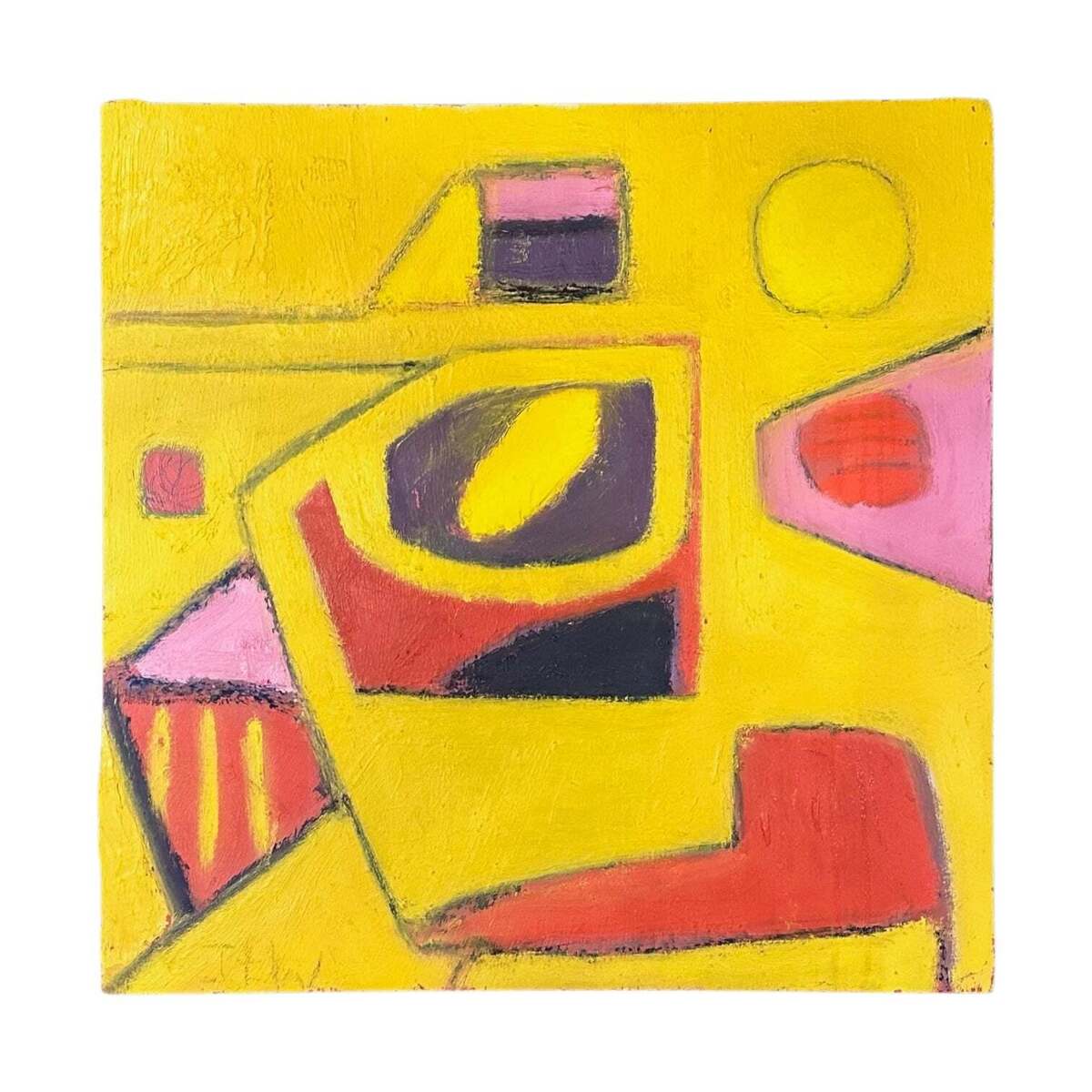 Energetic Heavy Impasto Abstract with Bold Shapes in Yellow Red and Pink
