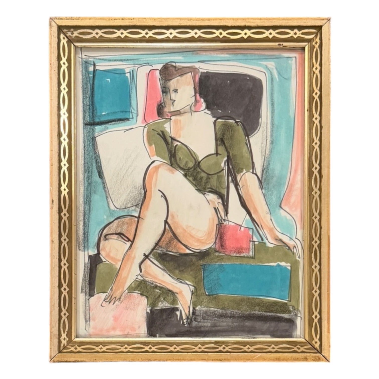 Mixed Media Painting of Seated Woman, Barefoot, in 19th C Stenciled Lemon Gold Frame