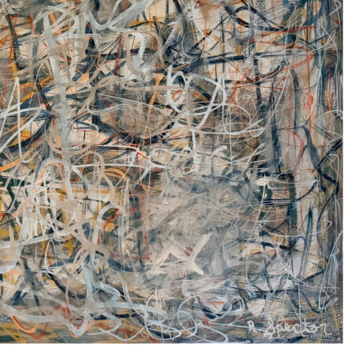 Large Layered Abstraction with Indigo, Saffron and Light Gray Mark Making