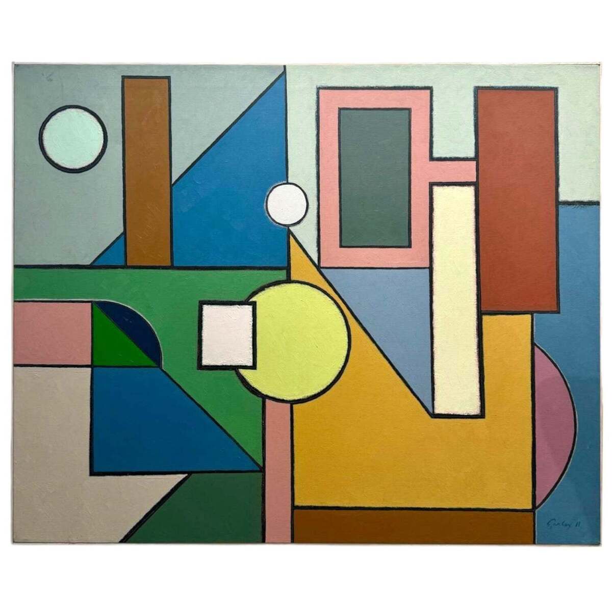 Large Geometric Oil on Canvas in Bold Coloration