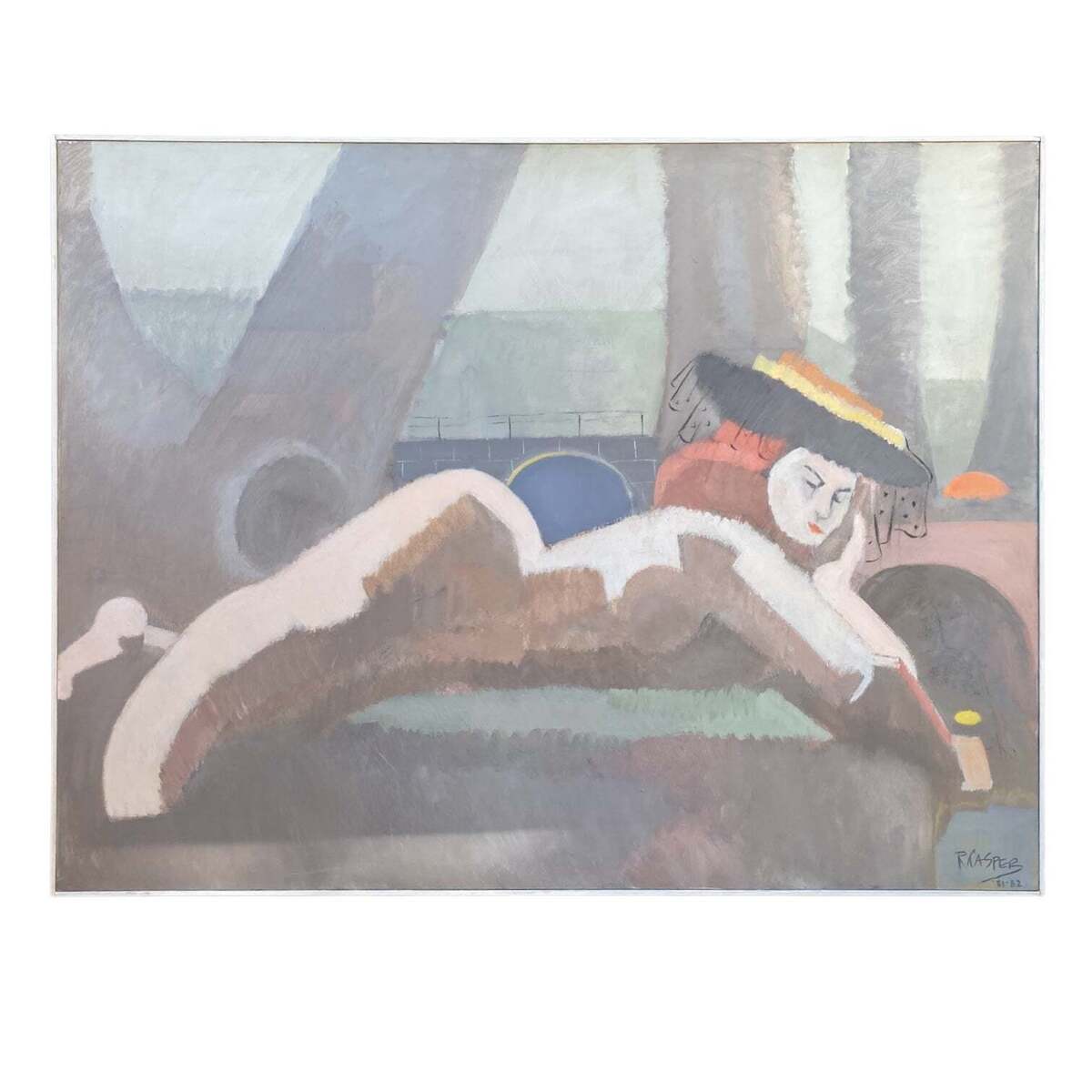 Figurative Painting of Lounging Woman in Hat