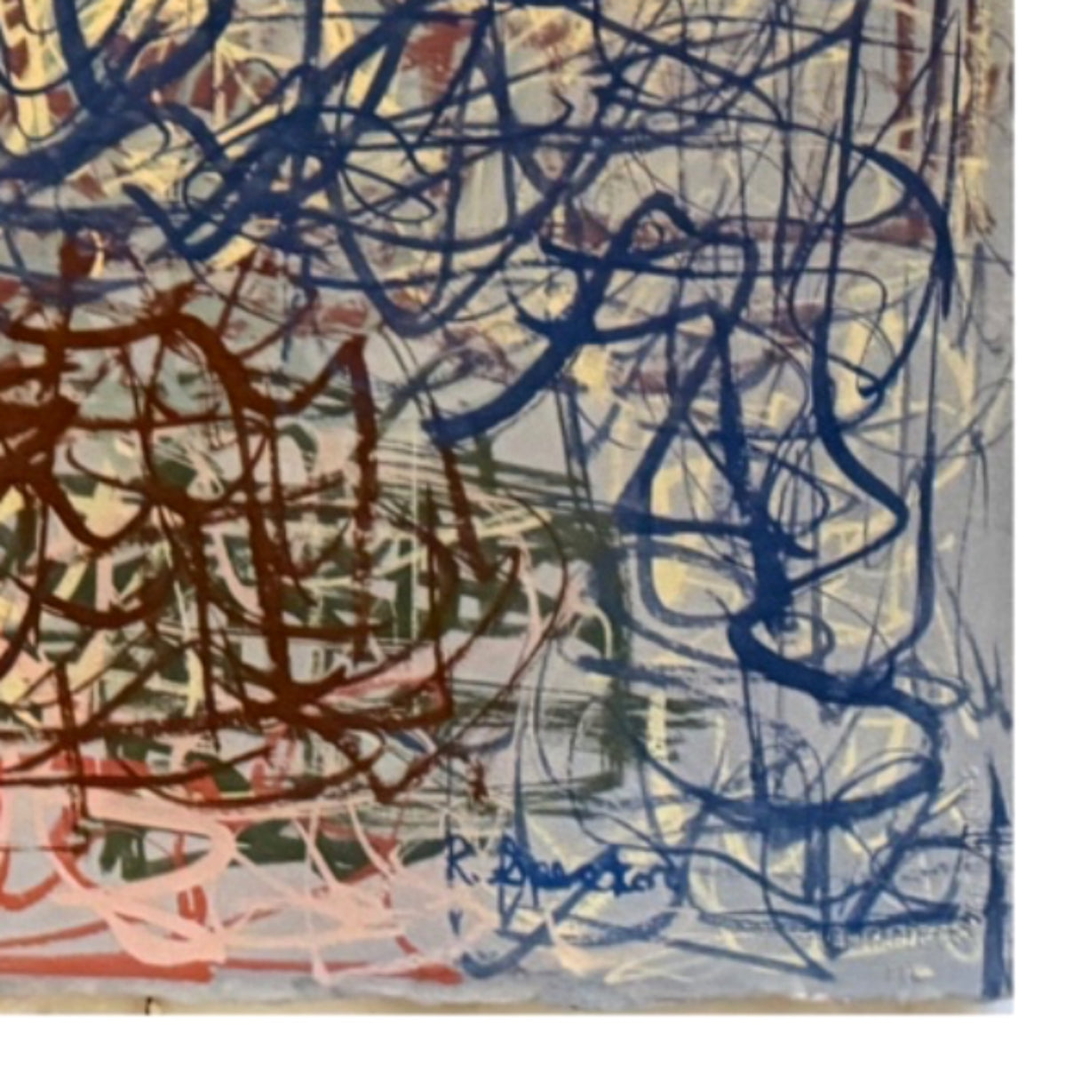 Large Painting of Clustered and Layered Gestural Mark Making in Brick Red, Indigo and Pinks