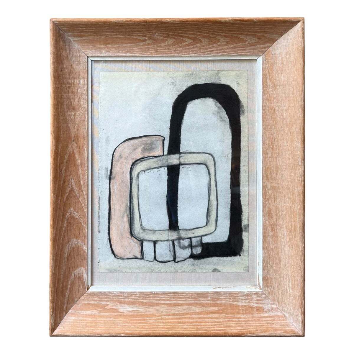 Bold Drawing in Black, Charcoal, Pink in Vintage Wood Frame