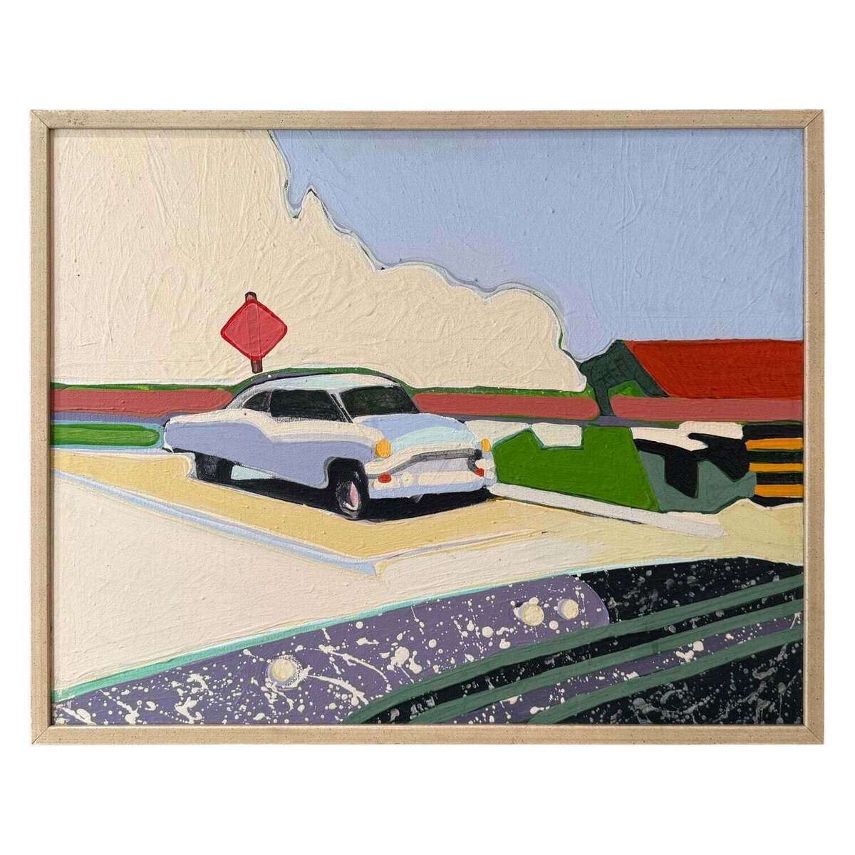 1975 Scenic Landscape Oil Painting with Car in Original Gallery-Style Frame