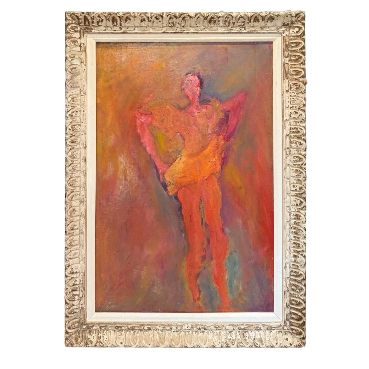 Exceptional Figurative Painting in Warm Palette in Antique Bleached Wood Frame