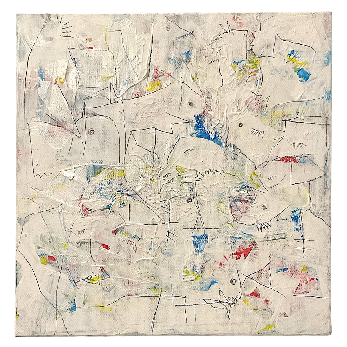 Stylized Creatures Over Thickly Painted Ground of Off White, Red, Blue and Yellow