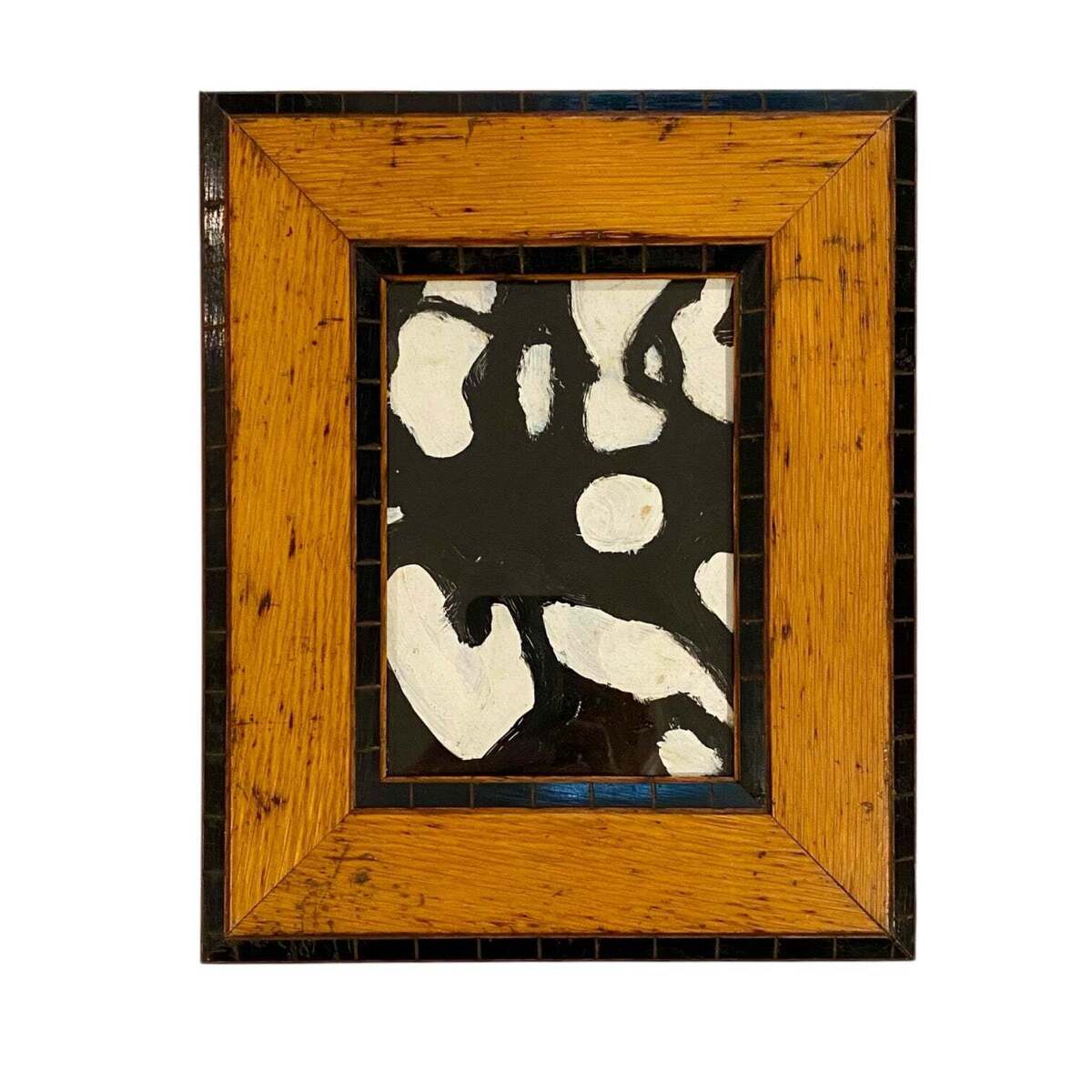 Small Abstract Black and White Oil on Paper in Vintage Wood Frame Reserved