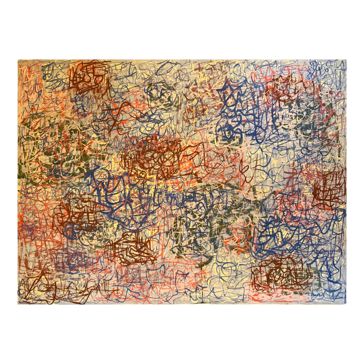 Large Painting of Clustered and Layered Gestural Mark Making in Brick Red, Indigo and Pinks