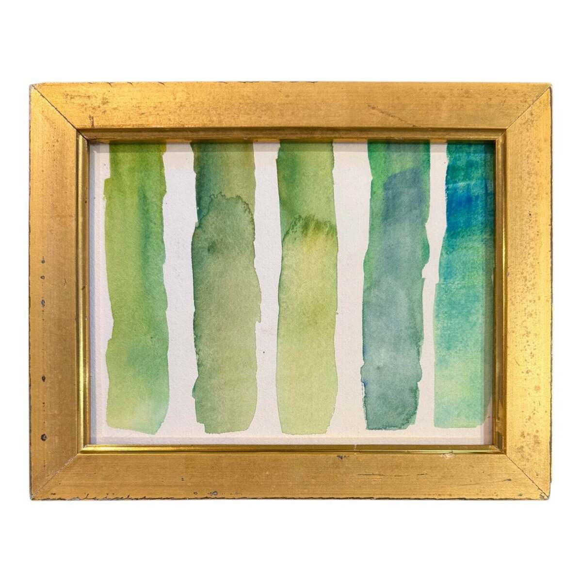 LJ Watercolor of Green Color Study  in 19th Century Gilt Wood Frame