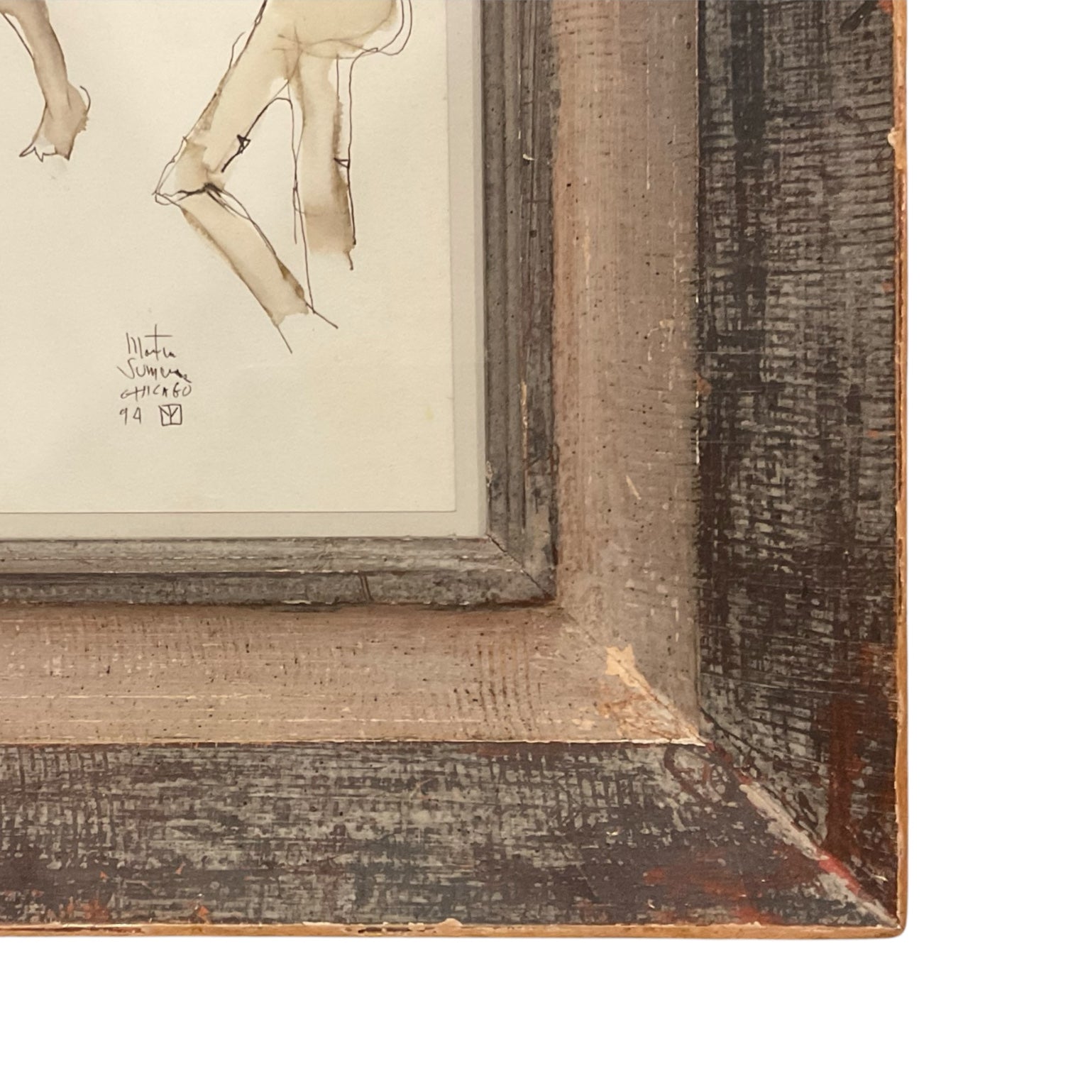 Sensitive Watercolor and Ink Painting of Nude Trio in Rare Antique Gesso Painted Frame