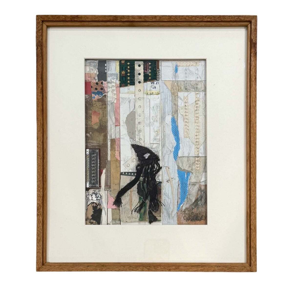 Mixed Media Collage with Found Objects Paper Fabric in Original Gallery-Style Frame