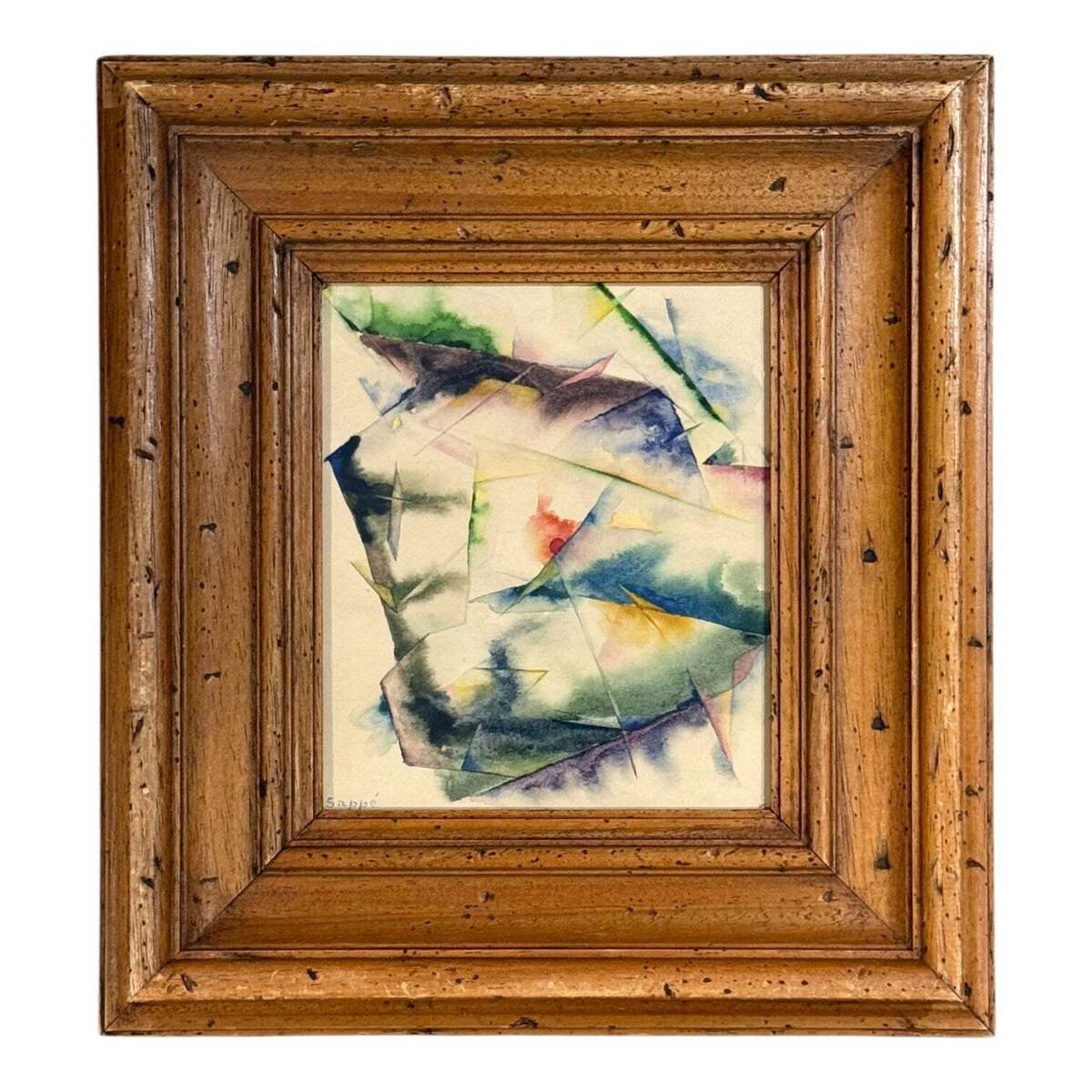 Colorful Abstract Watercolor with Interesting Brushwork in Heavy Vintage Wood Frame