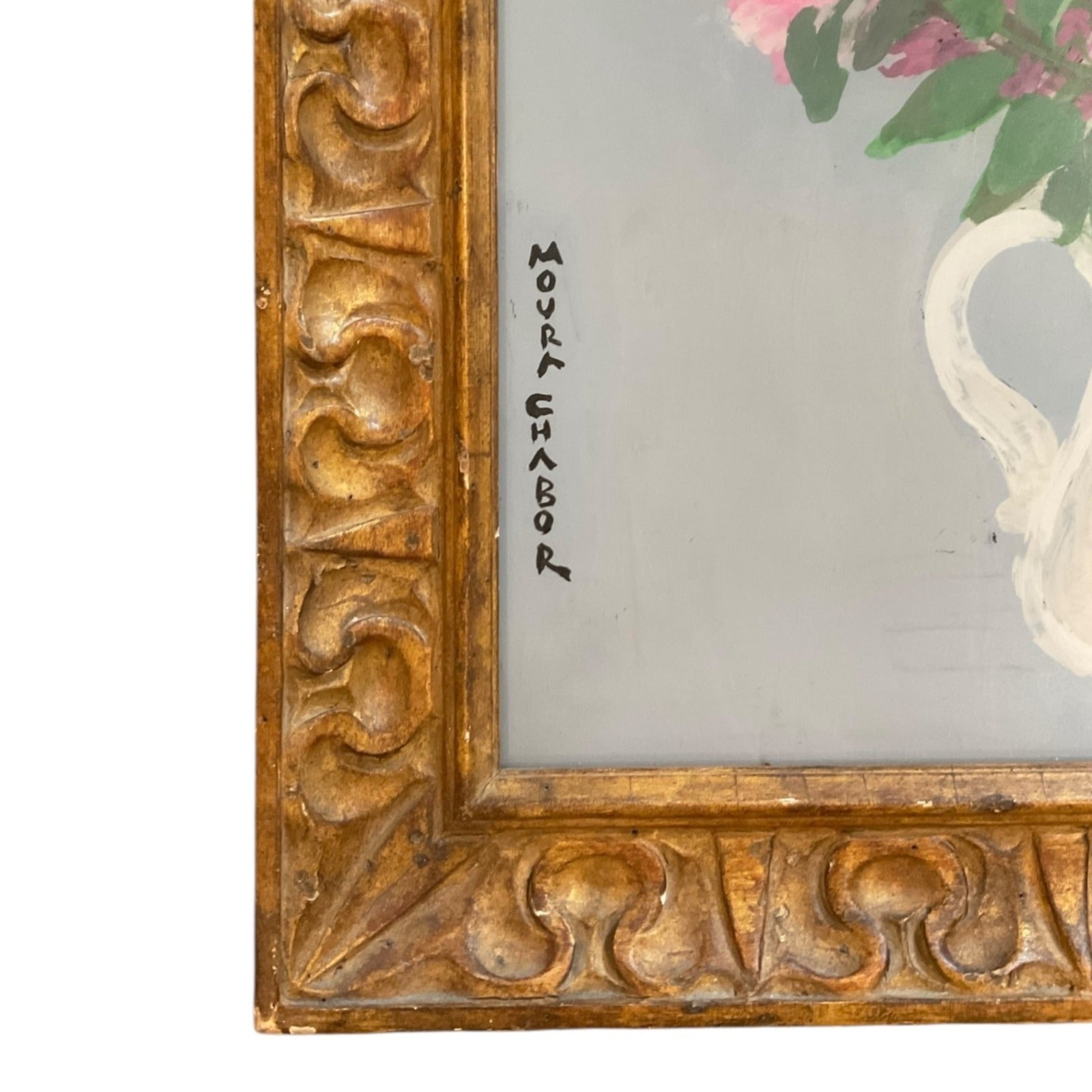Pitcher of Flowers Against Powder Blue Painting in Antique Gilt Wood Frame