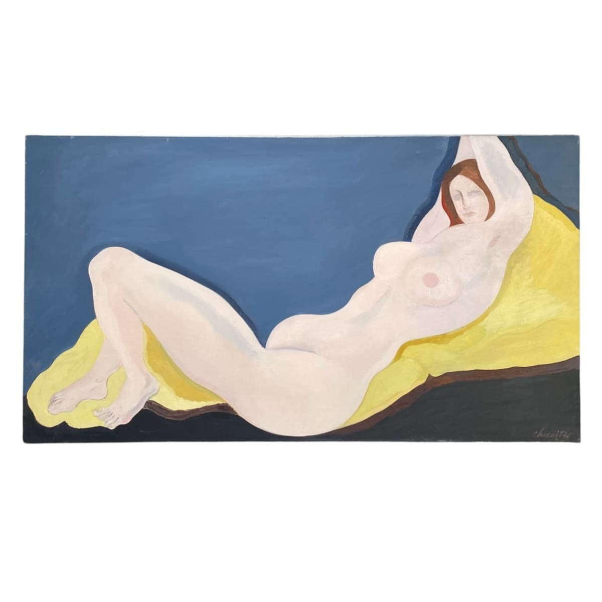 Vintage Reclining Nude Figure Against a Blue and Yellow Background