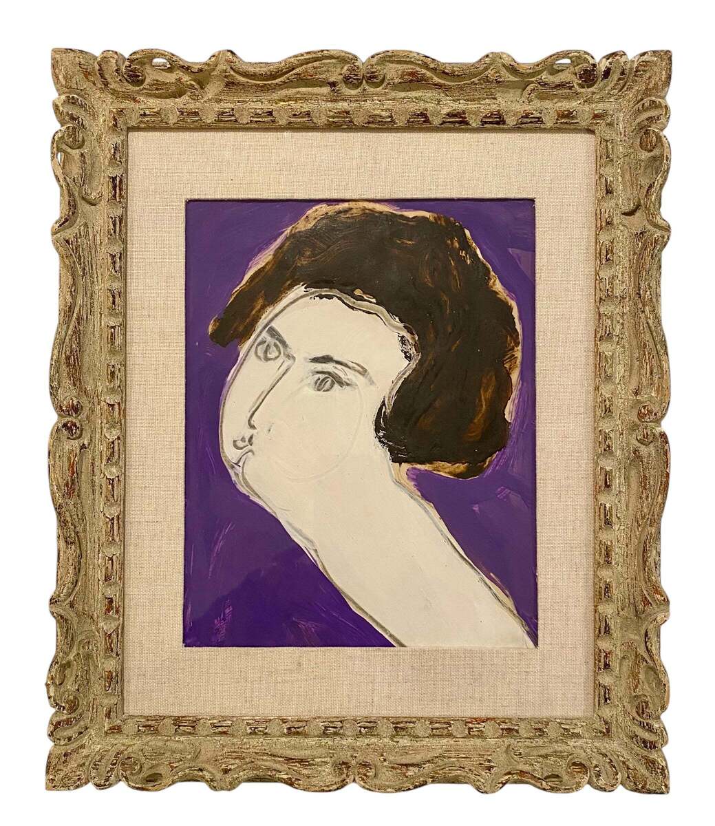 Portrait of Woman Against Purple Background Presented in Antique French Frame