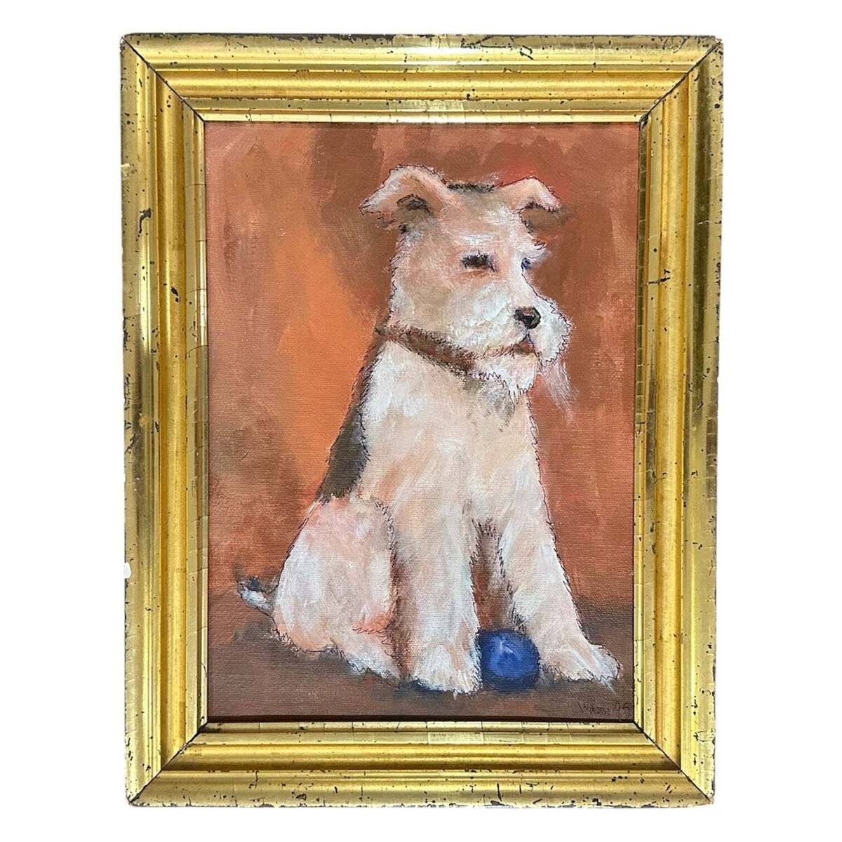 Oil Portrait of White Dog with Blue Ball in 19th Century Gilt Frame