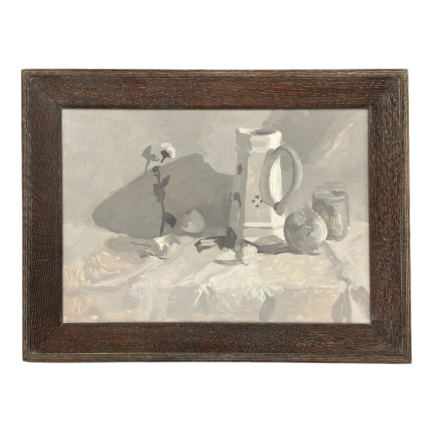 1940s Still Life Monochromatic  Painting in Wide Vintage Cerused Frame