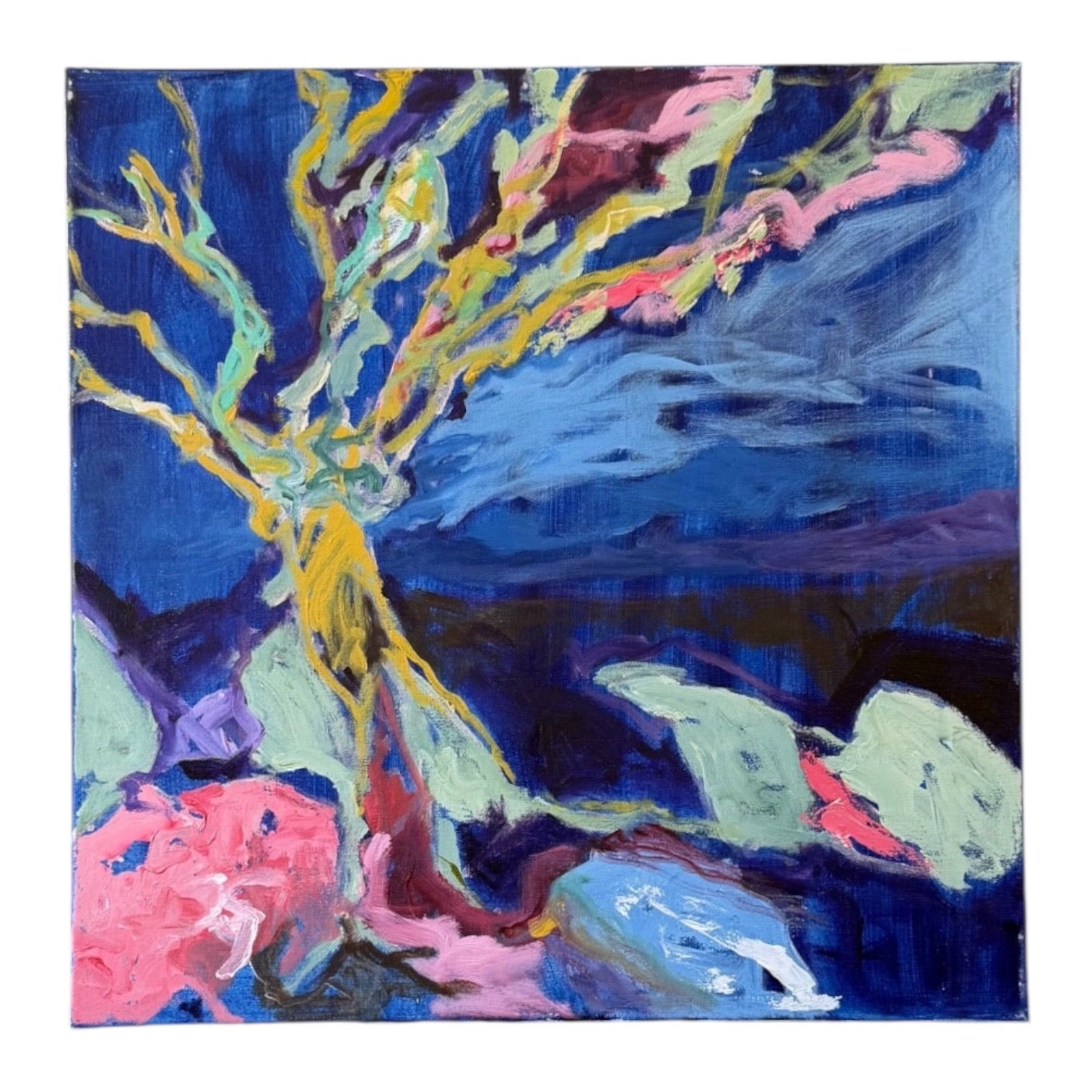 Fauvist Landscape with an Energetic Tree Against a Deep Blue Sky