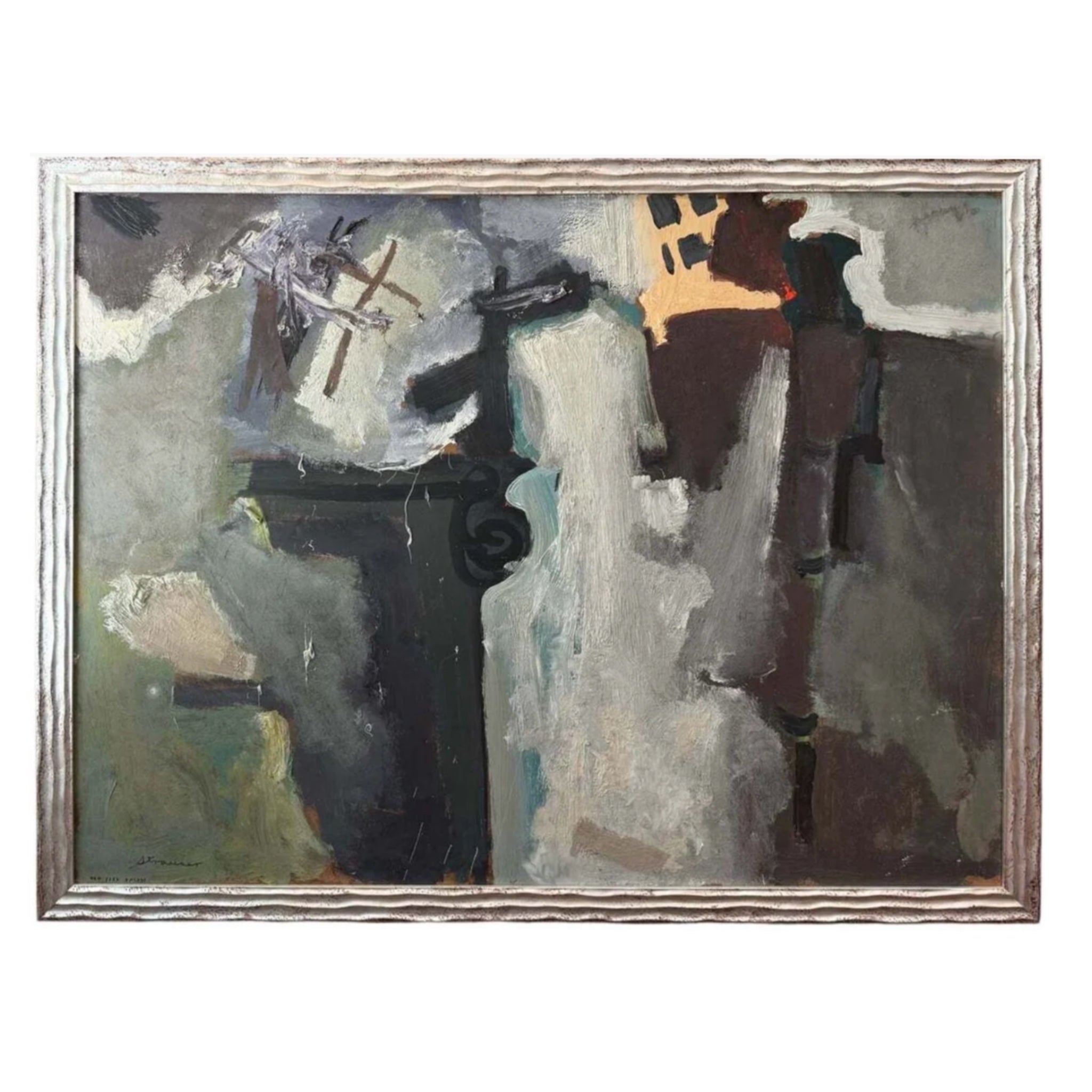 Reserved DF “New York Facade" Abstract Expressionist Painting in Carved Silver Leaf Custom Frame