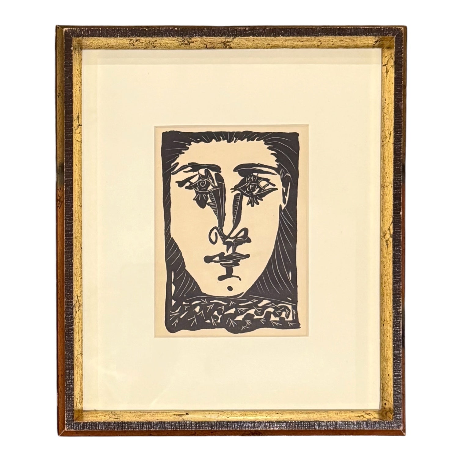 Linocut Print Portrait in Bold Black in Vintage Wood and Gold Frame