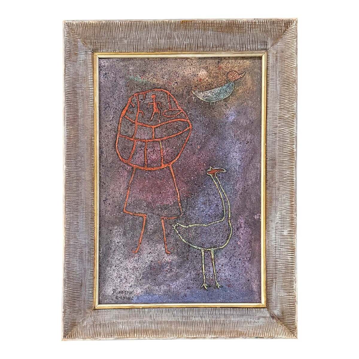 Minimalist Abstract of Figure with Animals in Vintage Combed Gesso Frame