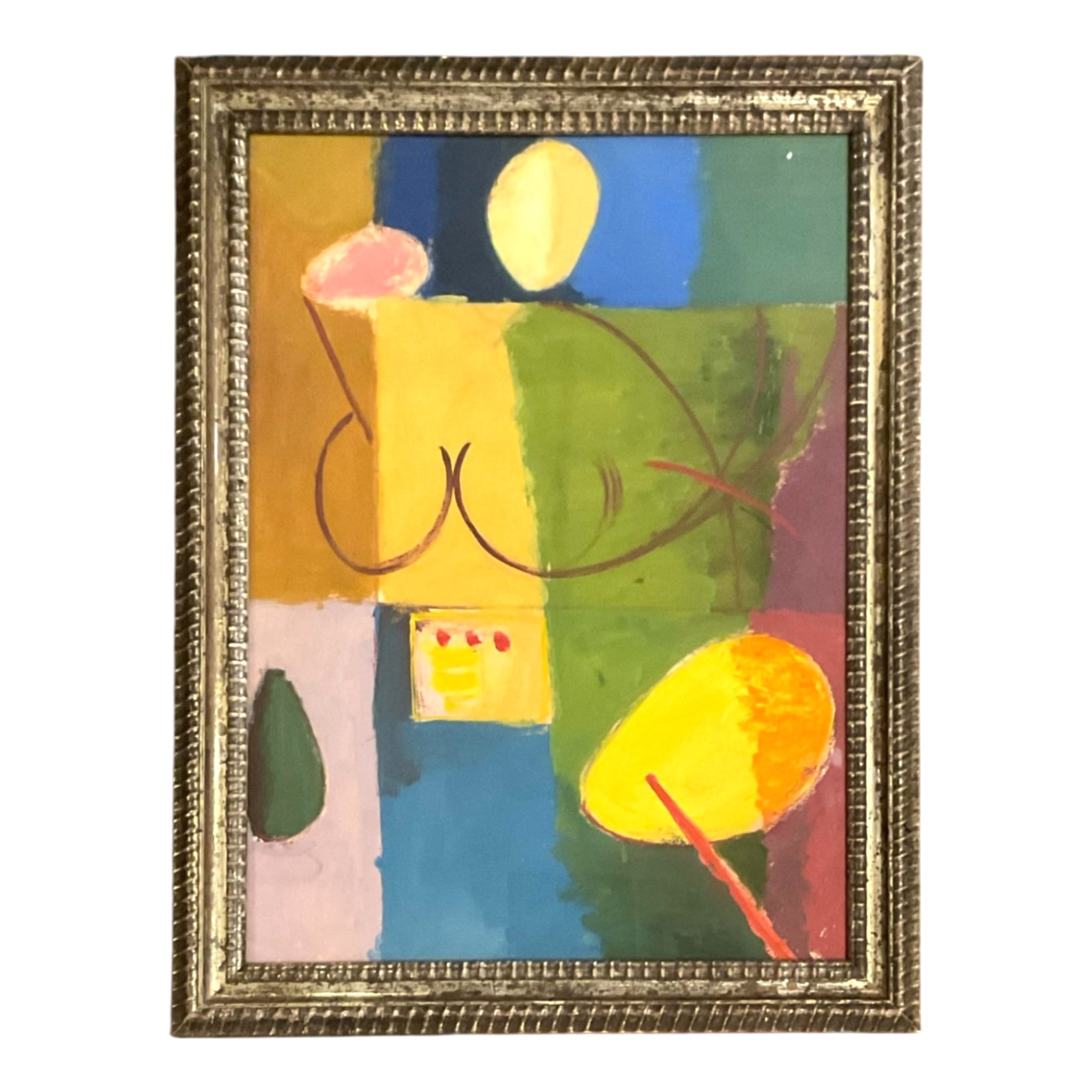 1920s Minmalist Figurative Painting on Colorblocked Ground in 19th C.Dutch Ripple Gilt Frame