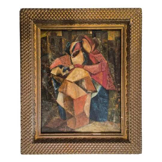Antique Cubist Painting of Victorian Women Talking Trash  in Distressed Antique Gold Frame