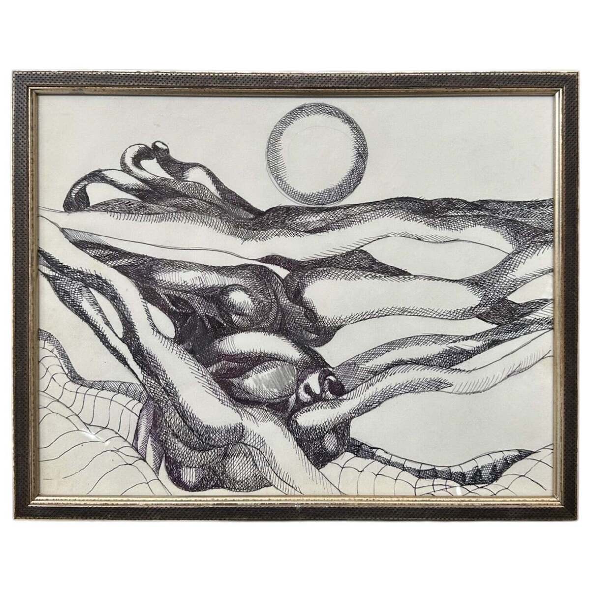 Dramatic Rendering of a Surreal Landscape in Ink, Custom Framed