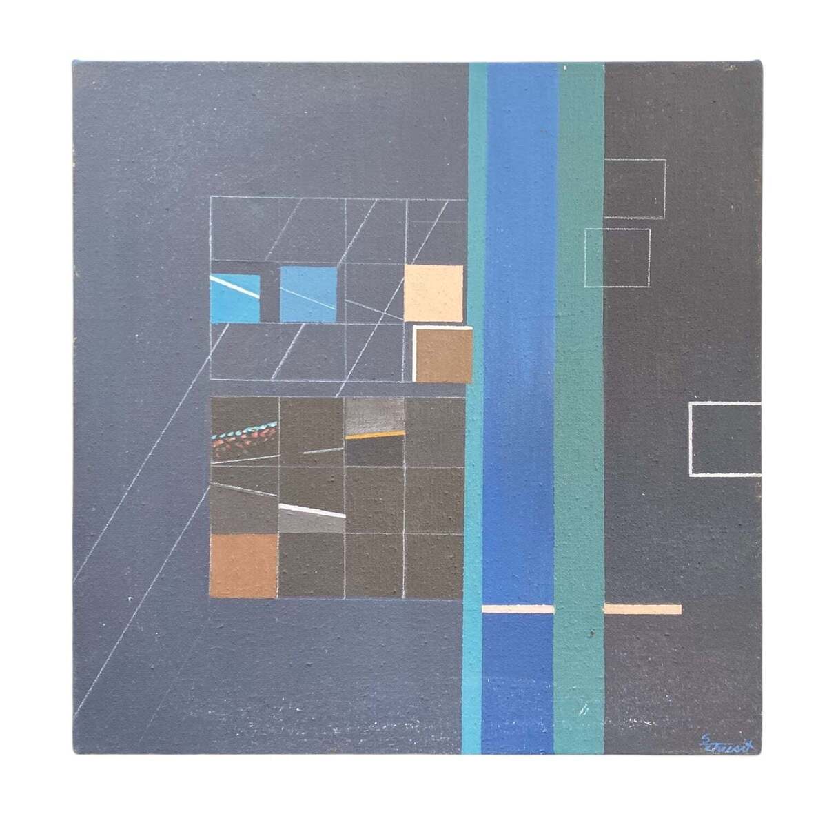 Small Architectural Painting with Vertical Stripes and Gridwork