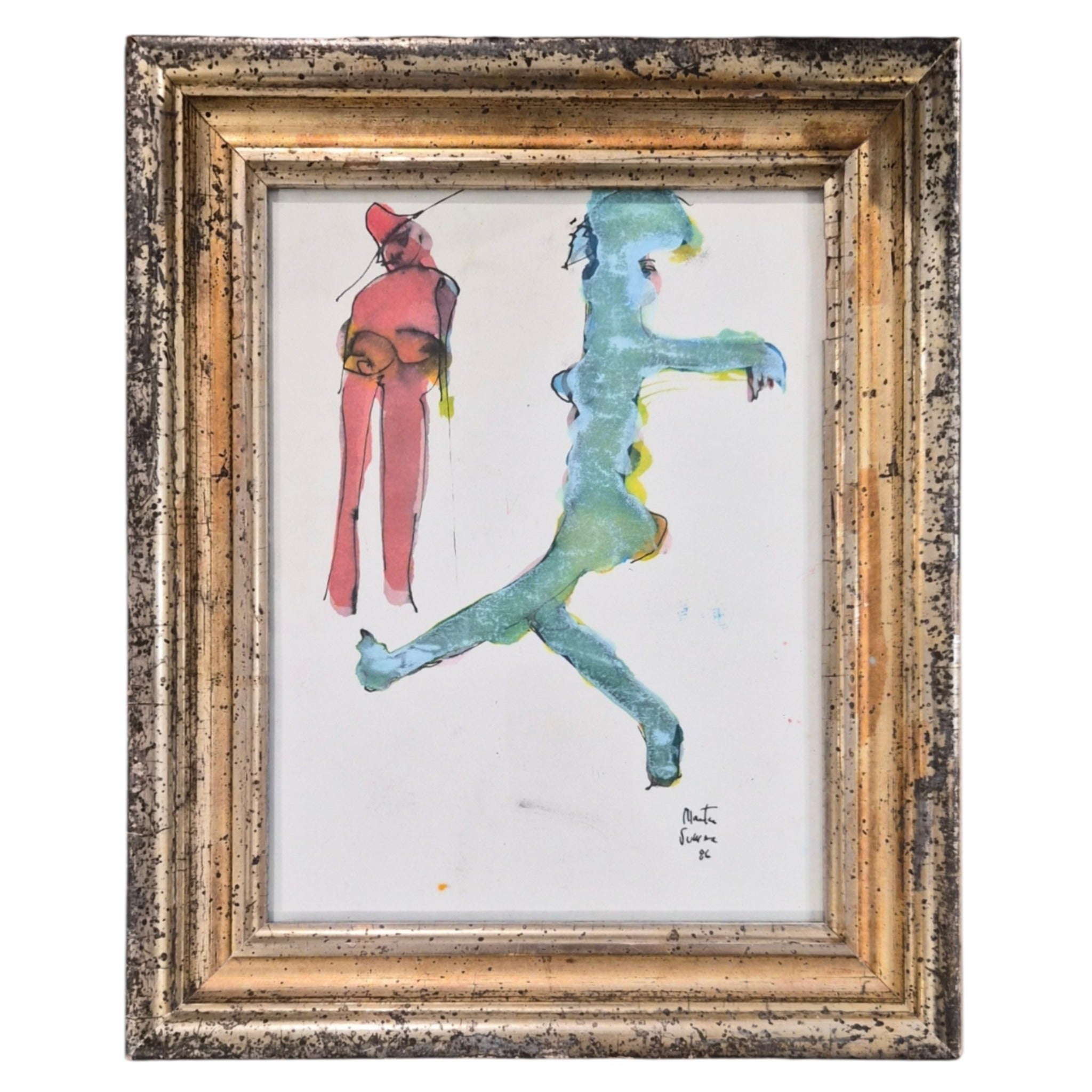Martin Sumers Two Figures, One with Hat in 19th C Wide Lemon Gold Frame