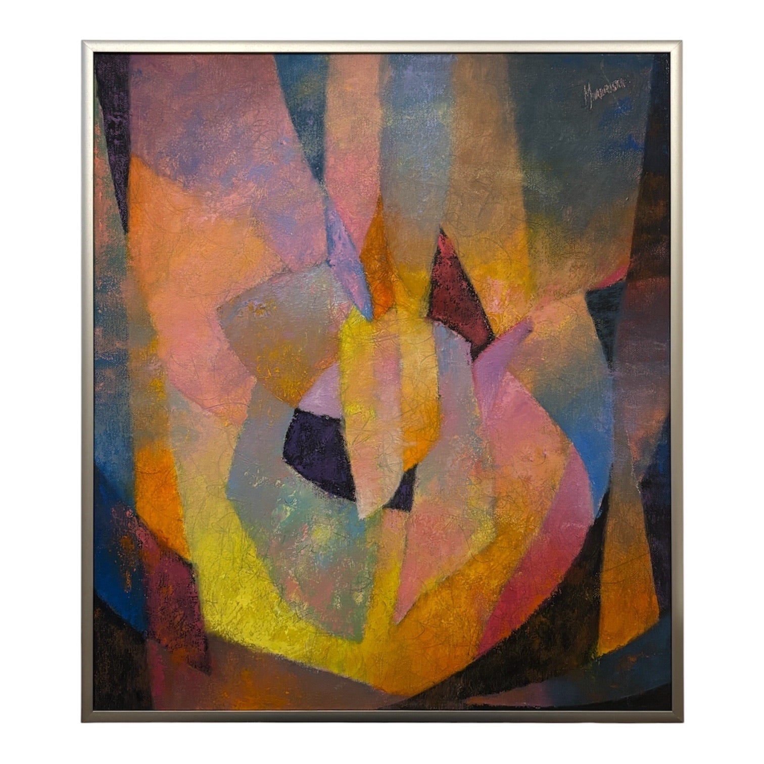 Oil Painting of Interlocking Textured Facets in Radiant Jewel-Tones in Original Vintage Metal Frame