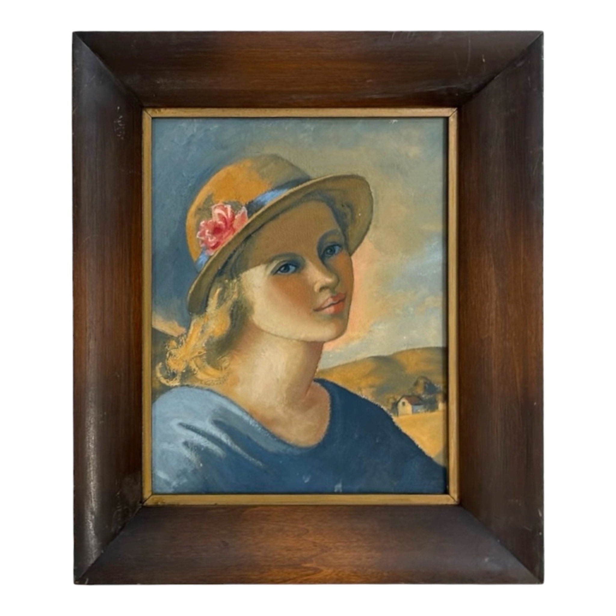 Portrait of Young Woman in Hat in Wide Vintage Wood Frame