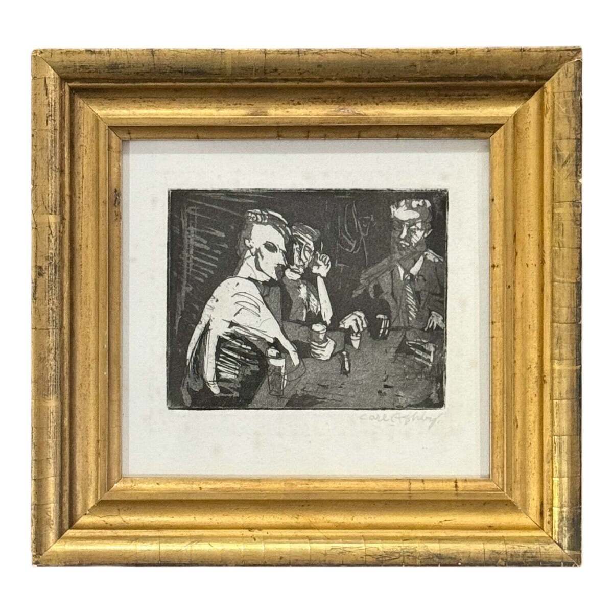 Steel Point Engraving of Figures at a Table in 19th Century Heavy Gilt Frame