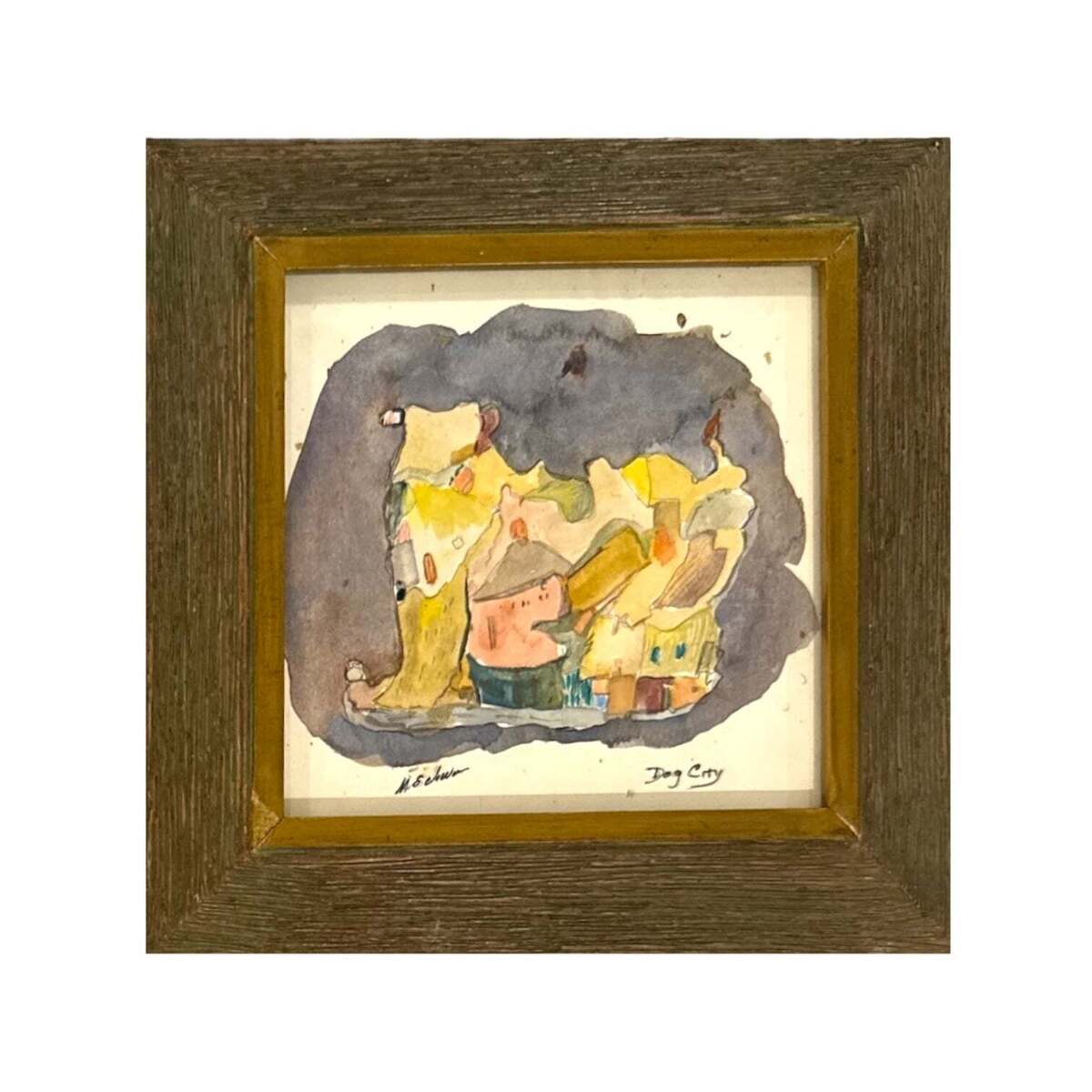 Vintage Painting  Entitled Dog City in Vintage Frame