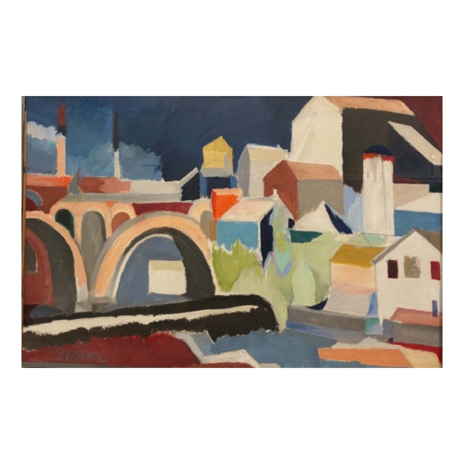 Oil Painting of Cityscape and Inland Waterway