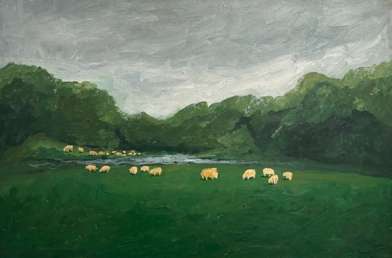 Large Vintage Bucolic Countryside with Rolling Hills and Grazing Sheep