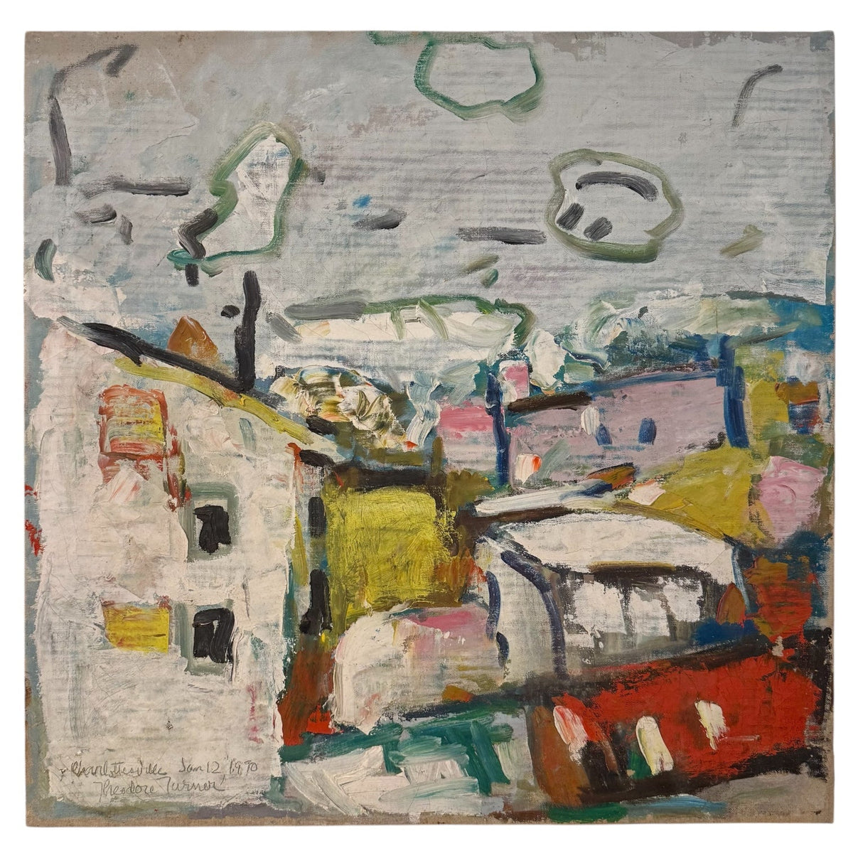 1970 Bright Townscape Oil Painting
