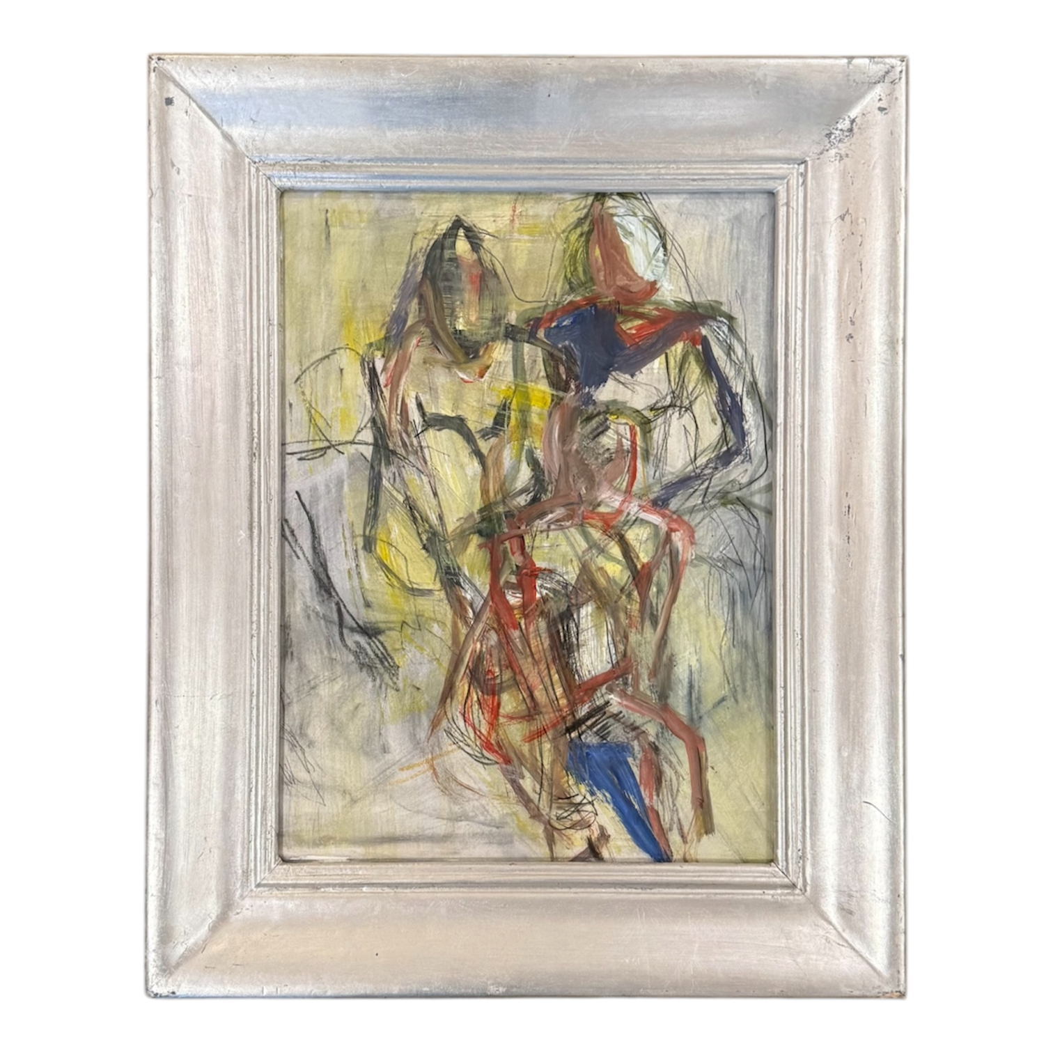 Vintage Figurative Abstraction in Wide Silvery Gray Frame
