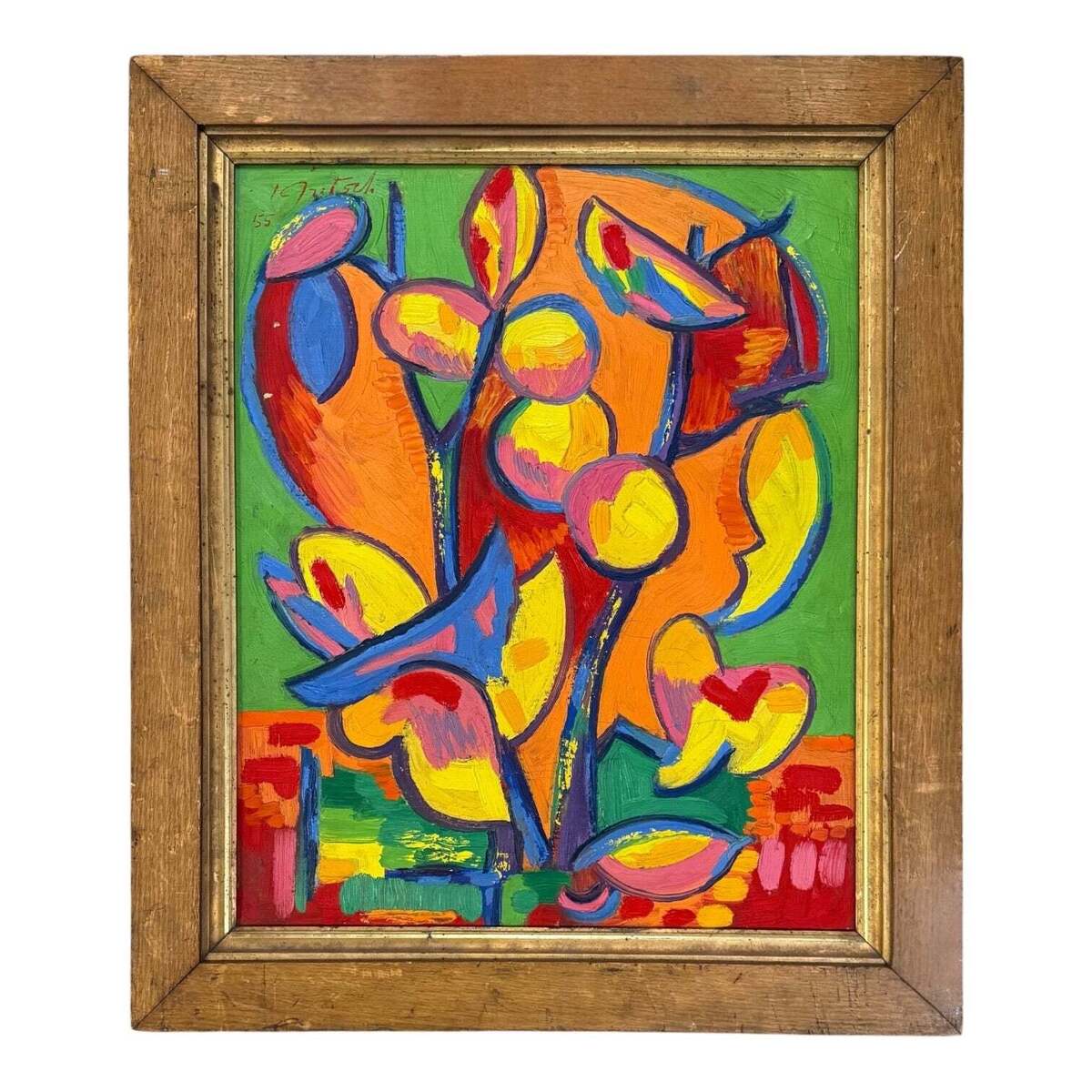 1955 Cubist Abstracted Still Life in Wide Antique Oak and Gilt Frame