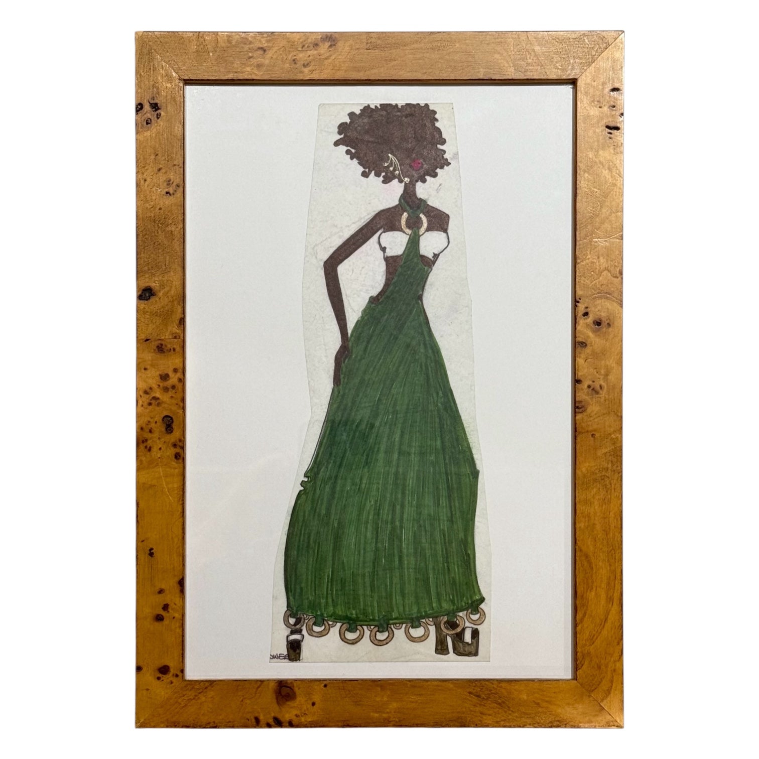 Vintage Fashion Illustration in Olivewood Burl Frame / No. 4