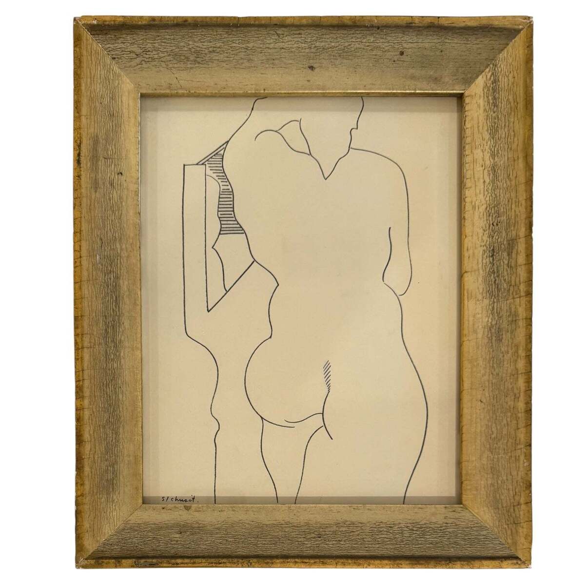Vintage Figurative Line Drawing in Antique Gold Frame