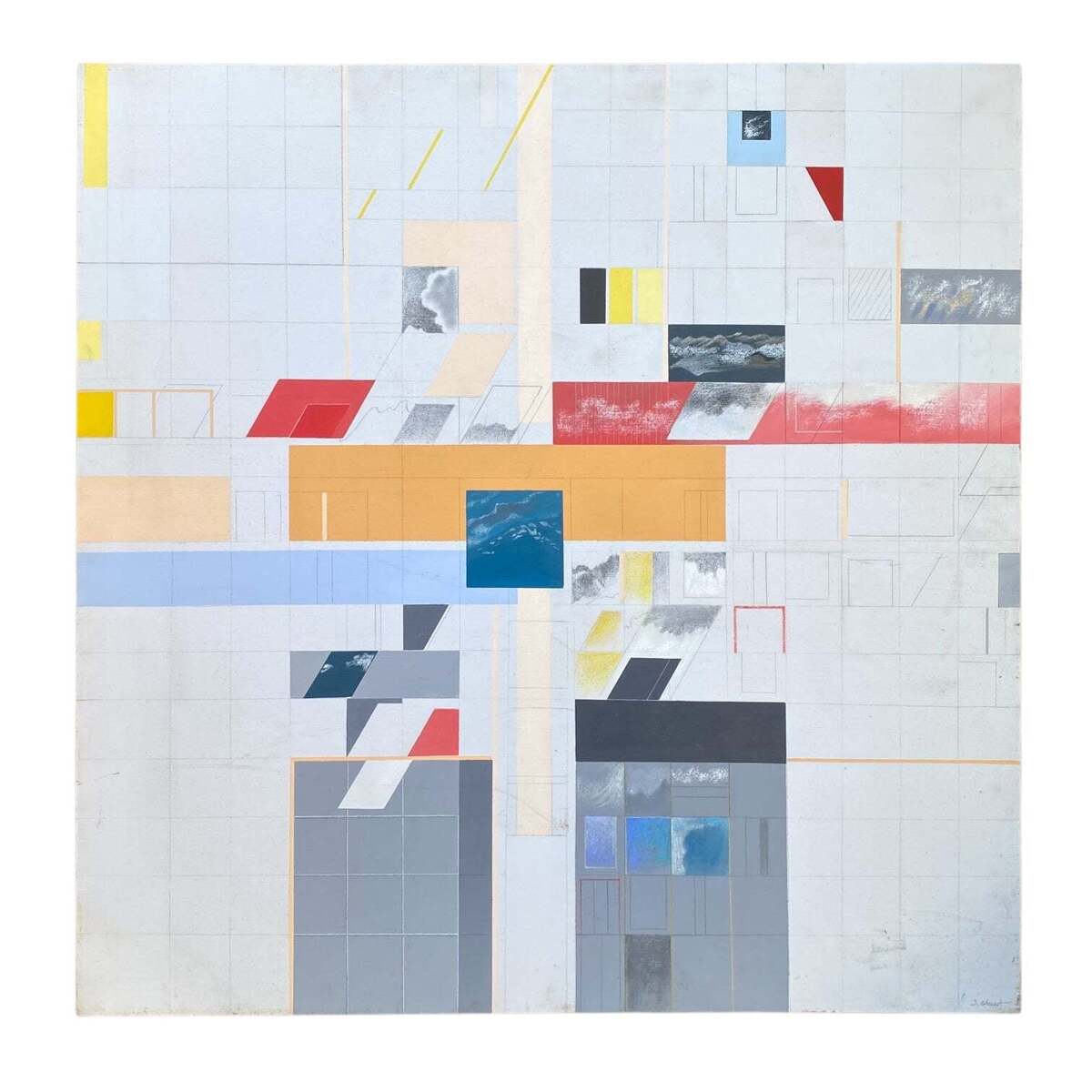 Vintage Architectural Mixed Media Painting with Grids and Geometric Shapes