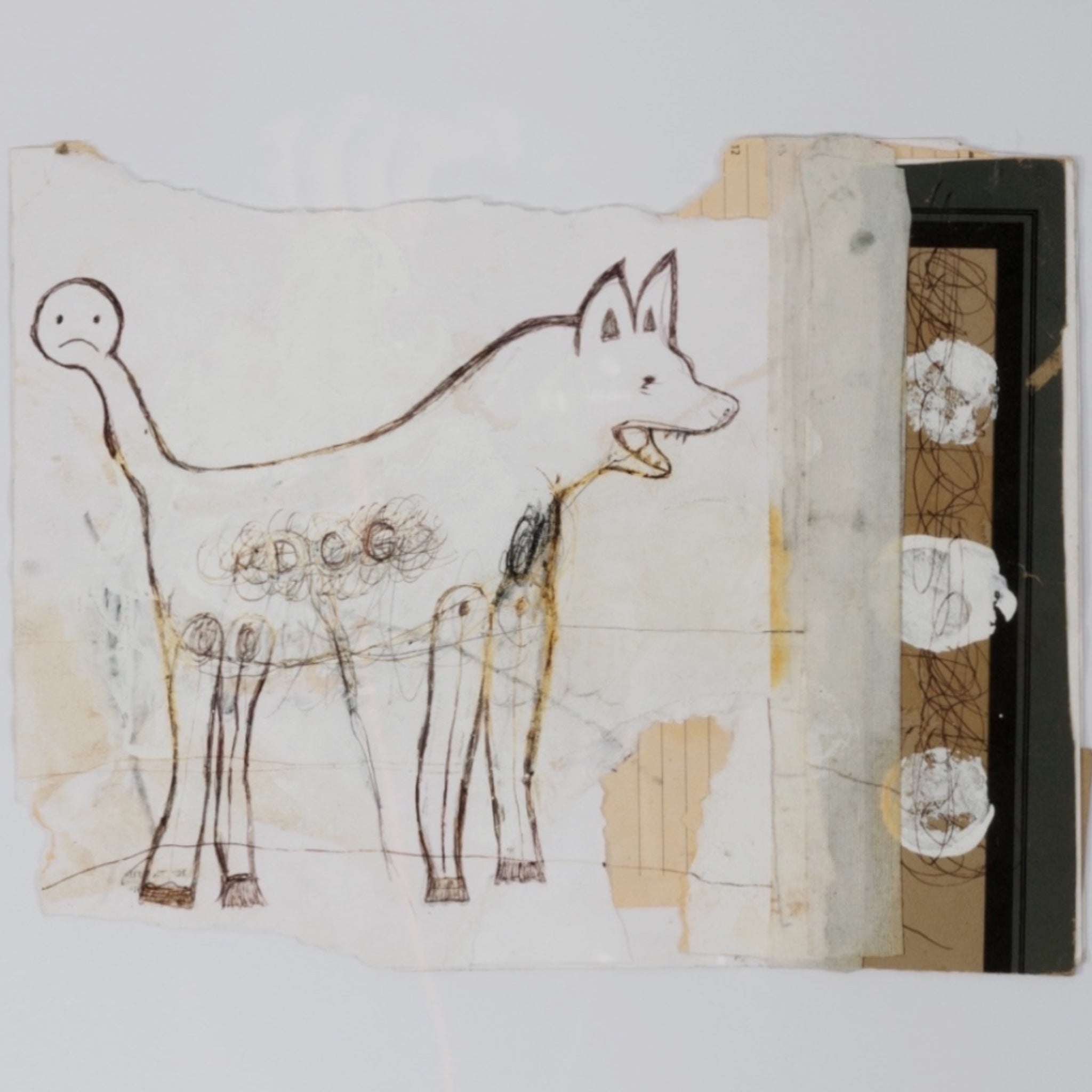 Mixed Media Layered Dog Abstract with Sad Face Tail in Vintage Custom  Frame