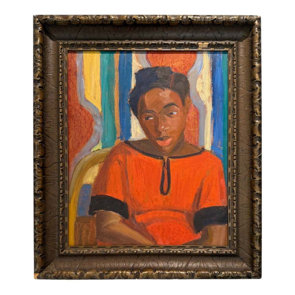 Colorful Portrait of a Black Woman in Heavy Carved Vintage Frame