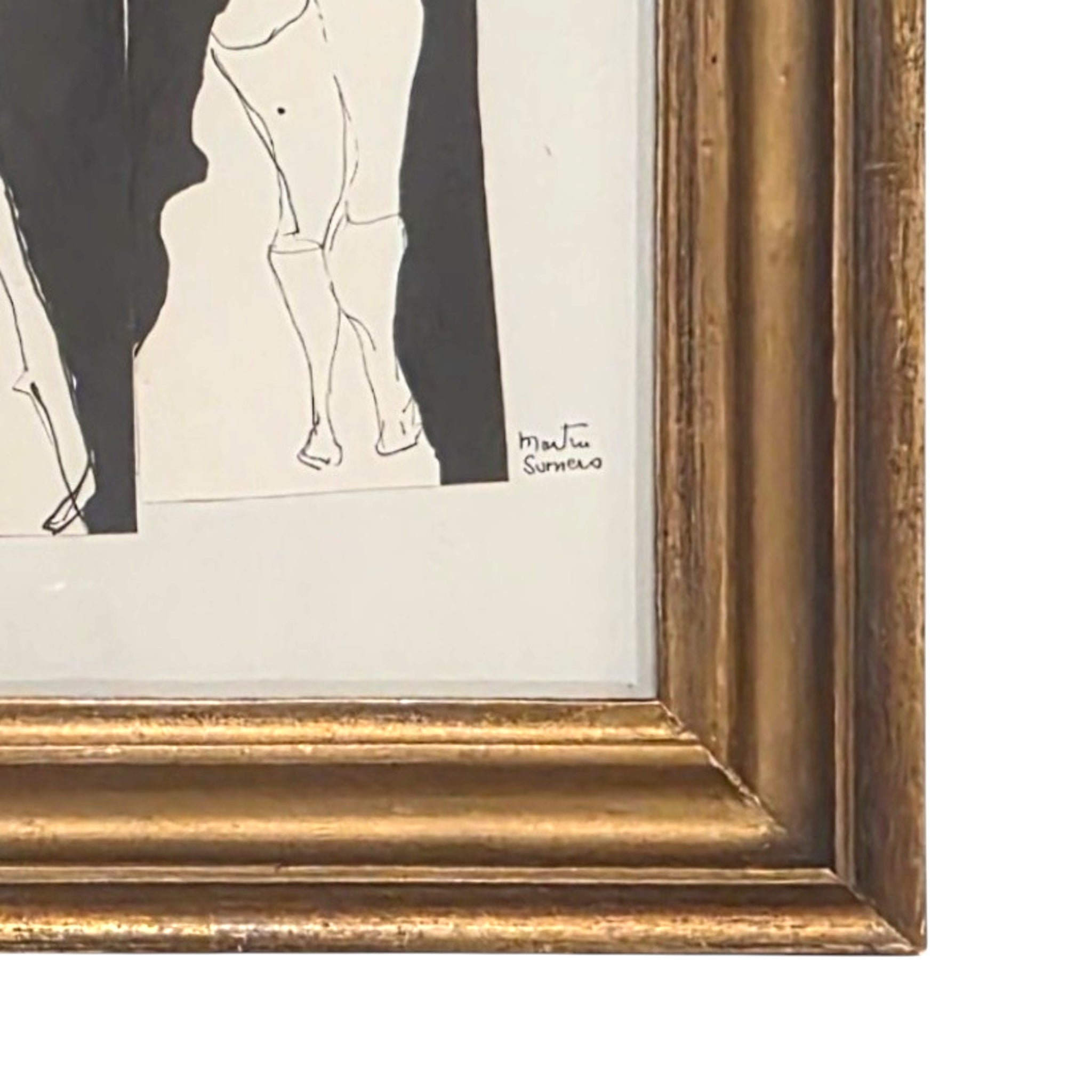 Ink Drawing of Figures in 19th Century Gilt Frame