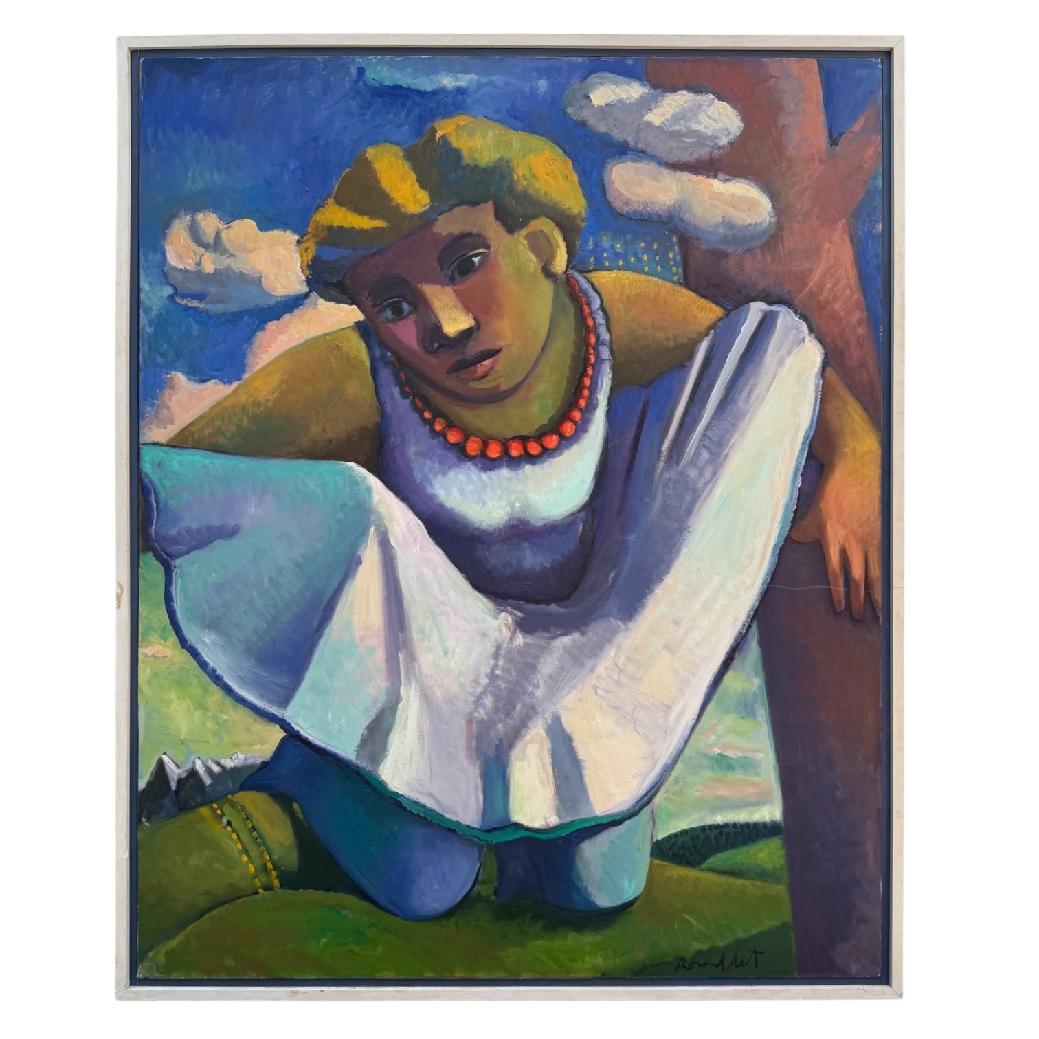 Exaggerated Figure with Red Necklace  in Bucolic Landscape/  Original Vintage Wood Frame