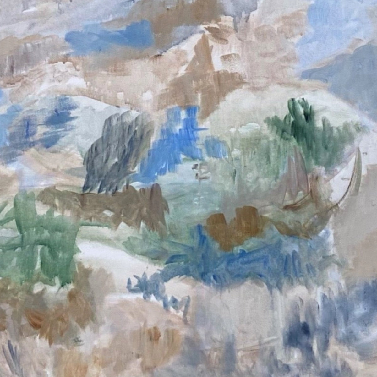 Oil on Canvas Soft Abstracted Landscape in Muted Blues, Greens and Browns Presented in a Custom Frame