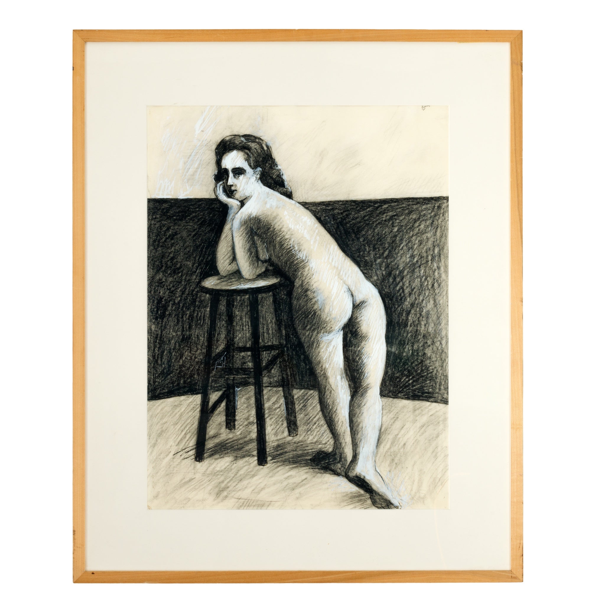 Realist Graphite Drawing of Woman from Behind in Original Wood Gallery Custom  Frame